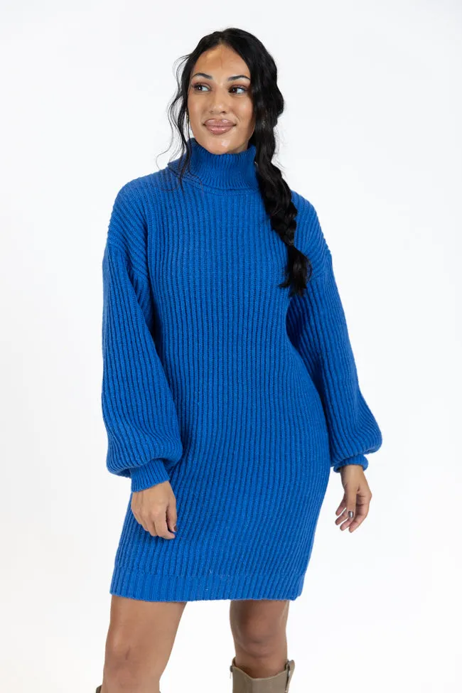 Call My Bluff Blue Bubble Sleeve Turtleneck Sweater Dress