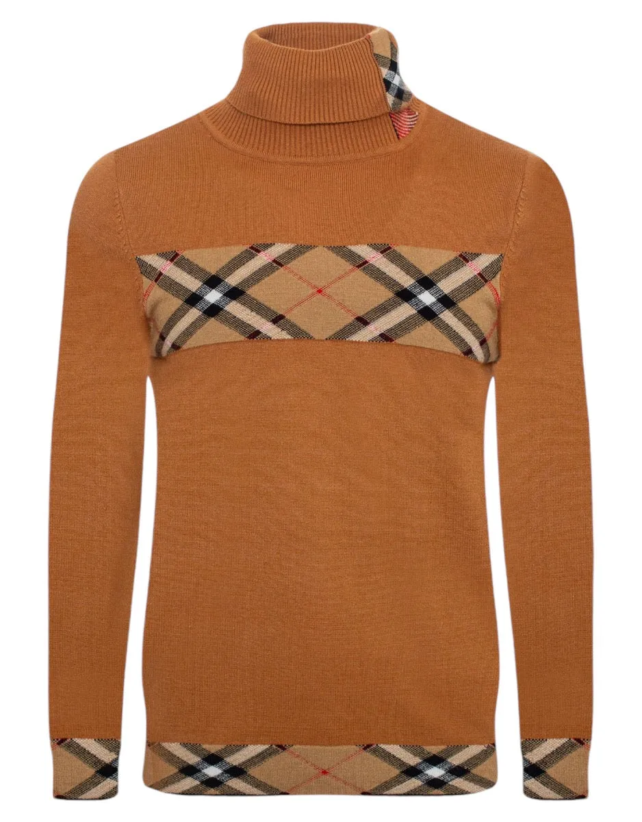 Camel and Beige Plaid Burb Design Men's Turtleneck Sweater Regular-Fit SW-148