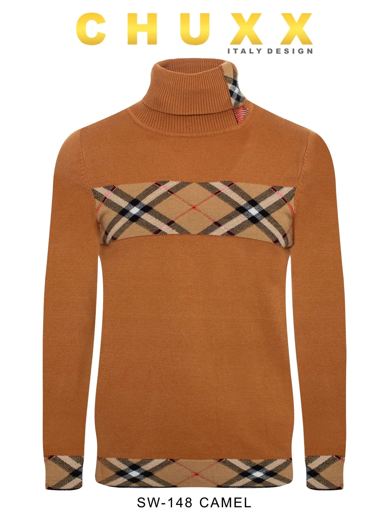 Camel and Beige Plaid Burb Design Men's Turtleneck Sweater Regular-Fit SW-148