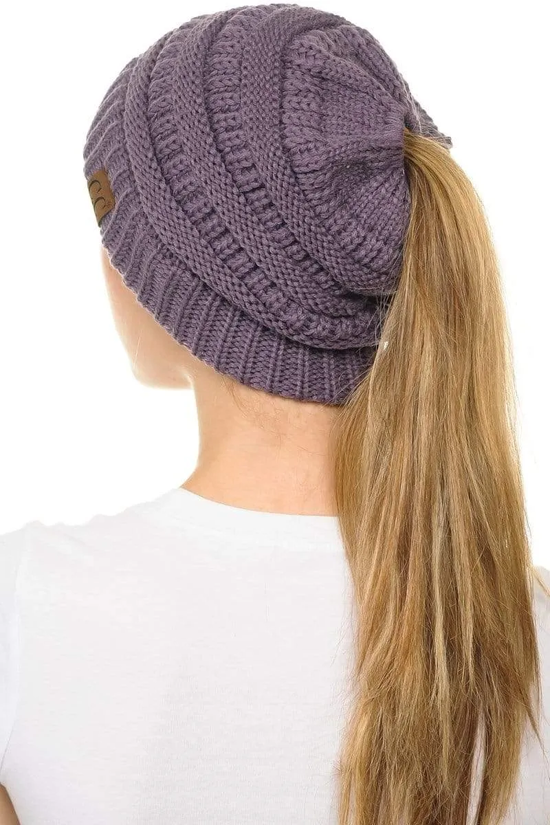 C.C MB20A  - Soft Stretch Cable Knit Warm Hat High Bun Ponytail Beanie