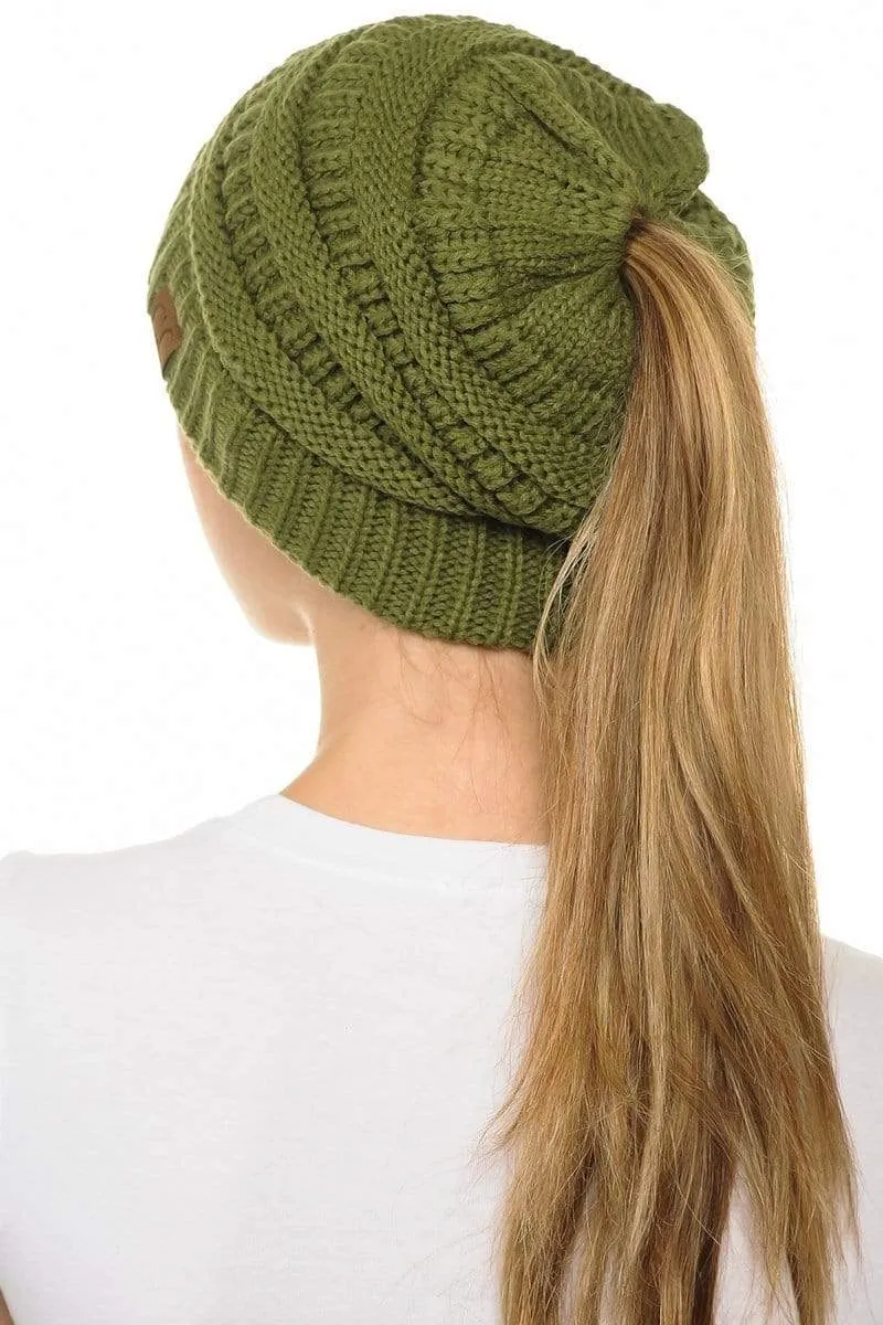 C.C MB20A  - Soft Stretch Cable Knit Warm Hat High Bun Ponytail Beanie