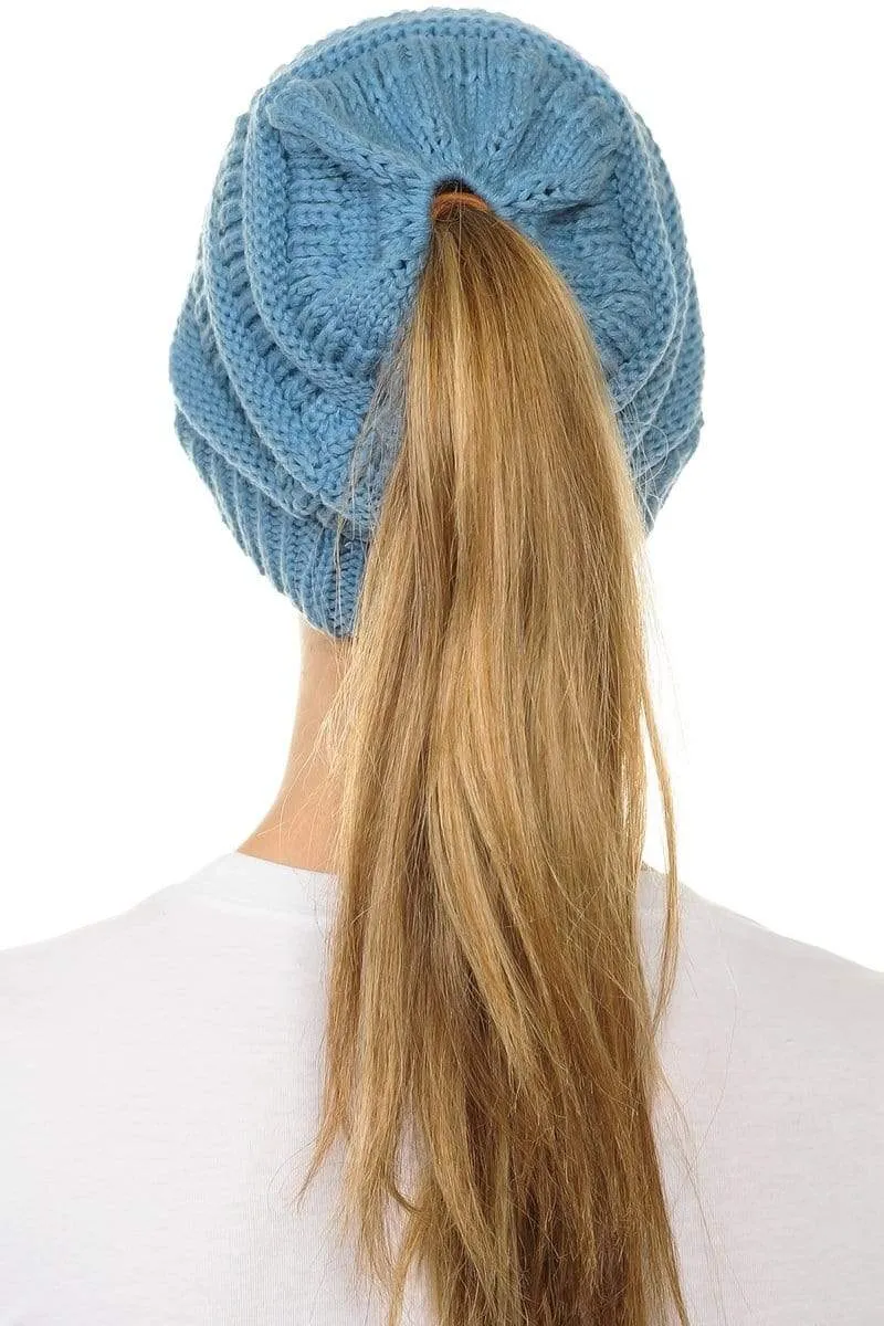 C.C MB20A  - Soft Stretch Cable Knit Warm Hat High Bun Ponytail Beanie