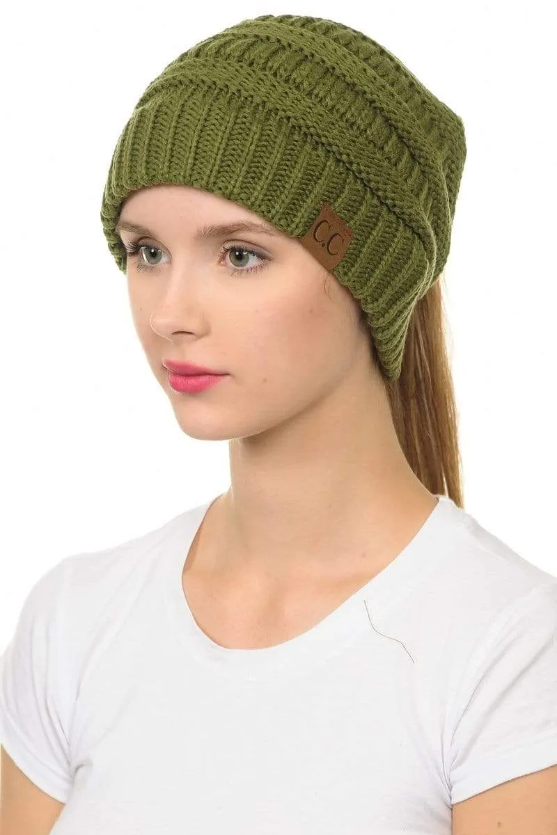 C.C MB20A  - Soft Stretch Cable Knit Warm Hat High Bun Ponytail Beanie