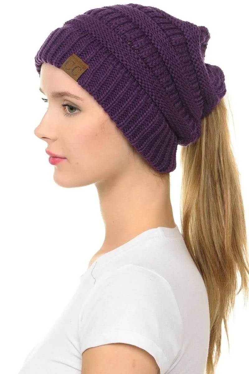 C.C MB20A  - Soft Stretch Cable Knit Warm Hat High Bun Ponytail Beanie