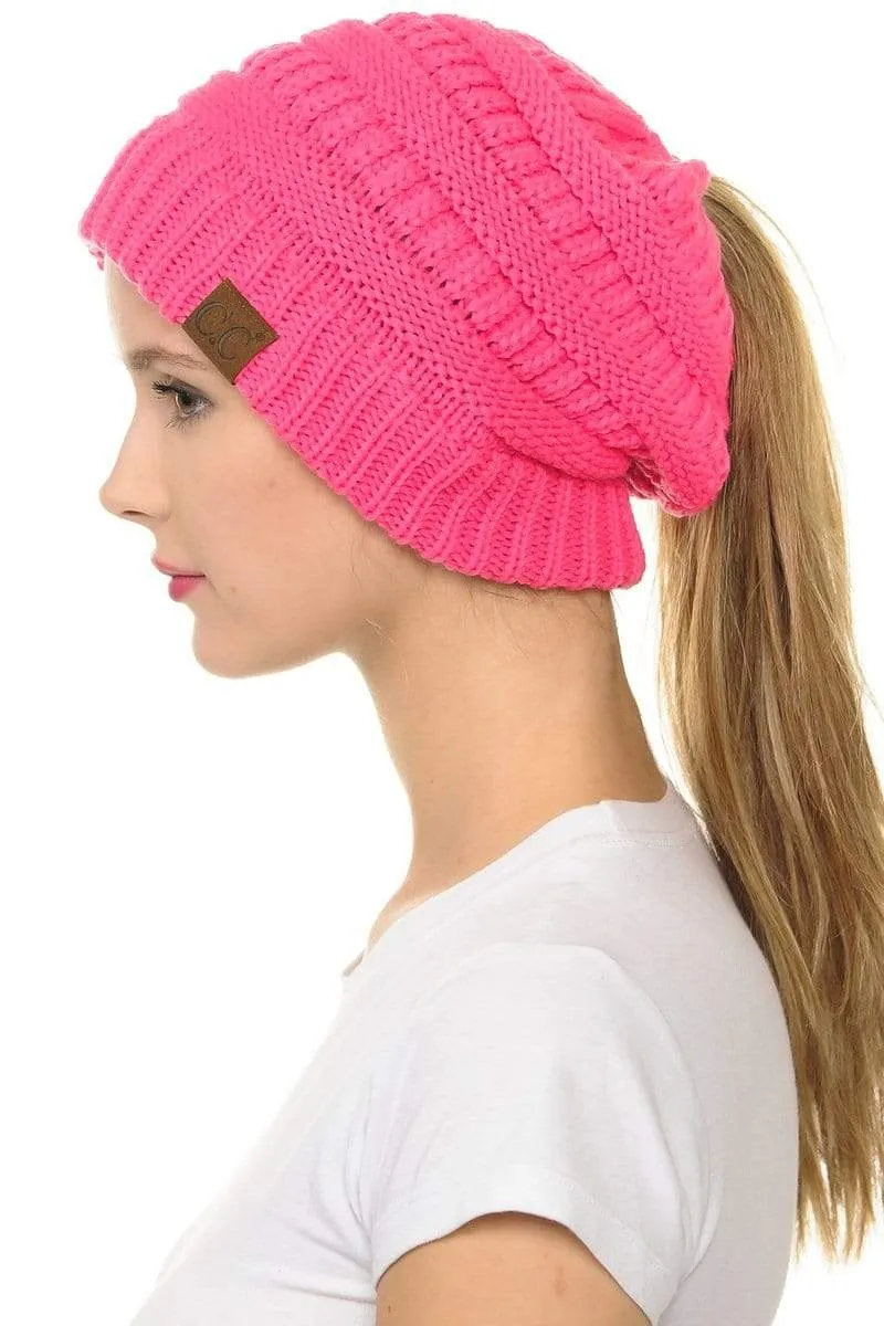 C.C MB20A  - Soft Stretch Cable Knit Warm Hat High Bun Ponytail Beanie