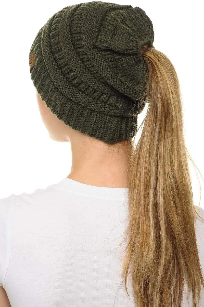 C.C MB20A  - Soft Stretch Cable Knit Warm Hat High Bun Ponytail Beanie