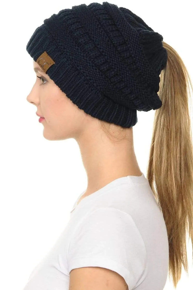 C.C MB20A  - Soft Stretch Cable Knit Warm Hat High Bun Ponytail Beanie