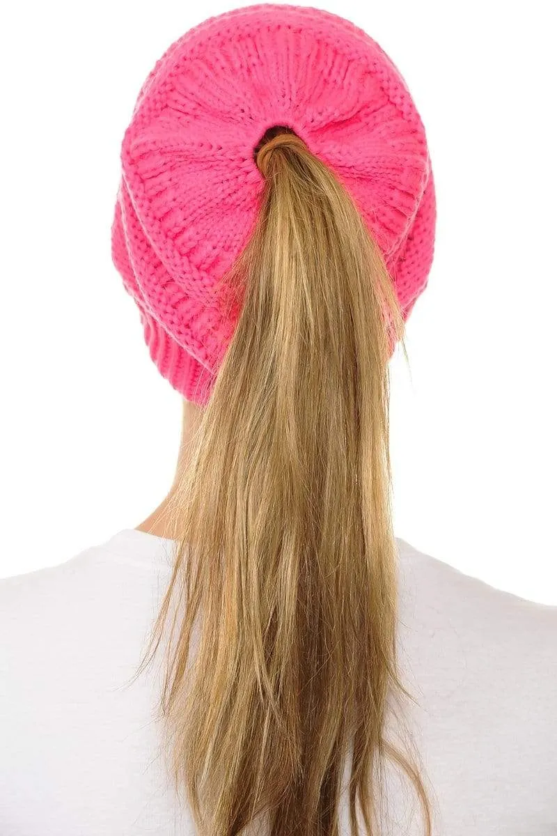 C.C MB20A  - Soft Stretch Cable Knit Warm Hat High Bun Ponytail Beanie