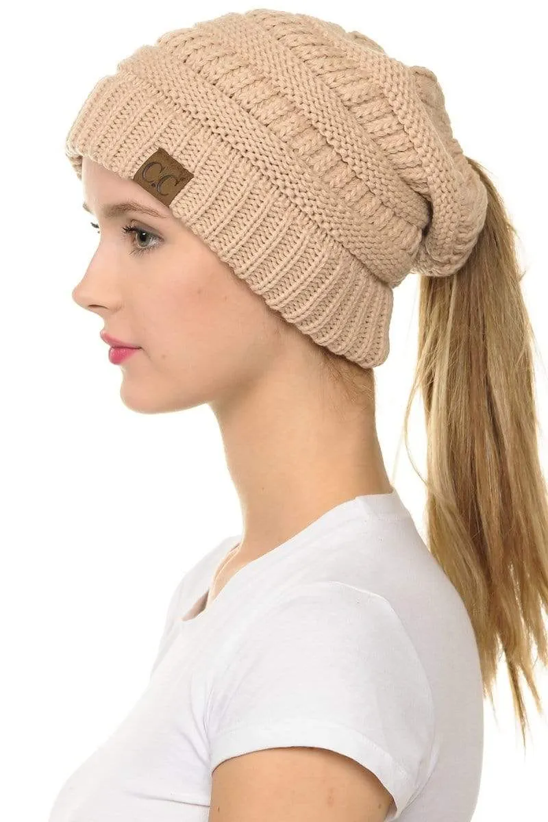 C.C MB20A  - Soft Stretch Cable Knit Warm Hat High Bun Ponytail Beanie