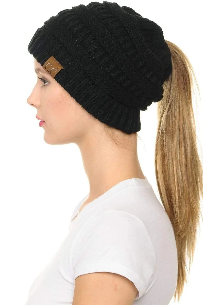 C.C MB20A  - Soft Stretch Cable Knit Warm Hat High Bun Ponytail Beanie