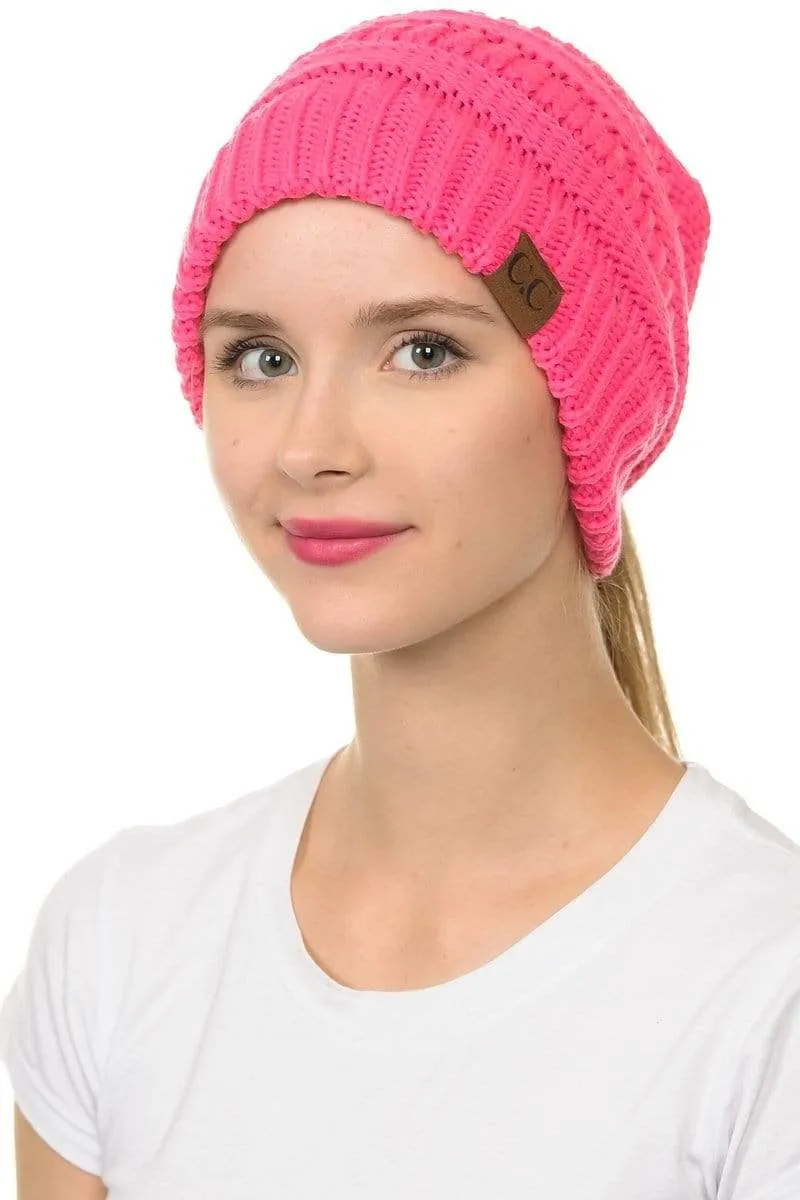 C.C MB20A  - Soft Stretch Cable Knit Warm Hat High Bun Ponytail Beanie