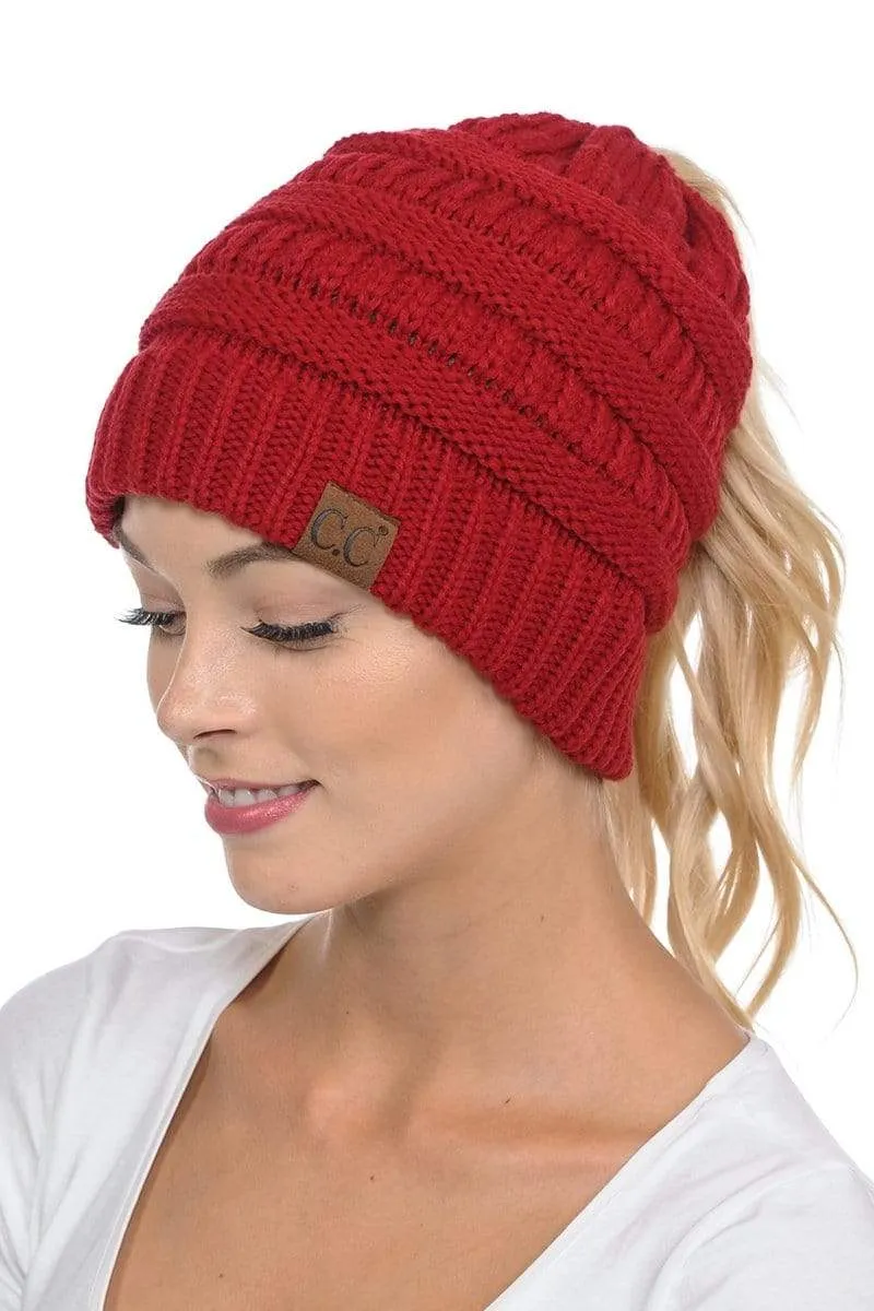 C.C MB20A  - Soft Stretch Cable Knit Warm Hat High Bun Ponytail Beanie