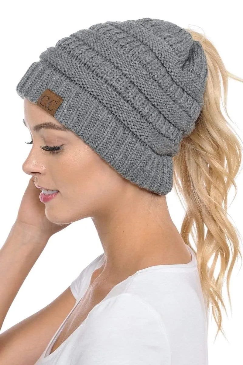 C.C MB20A  - Soft Stretch Cable Knit Warm Hat High Bun Ponytail Beanie