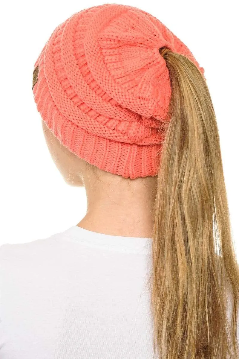 C.C MB20A  - Soft Stretch Cable Knit Warm Hat High Bun Ponytail Beanie