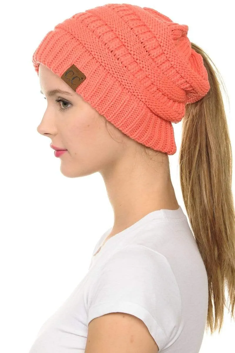 C.C MB20A  - Soft Stretch Cable Knit Warm Hat High Bun Ponytail Beanie