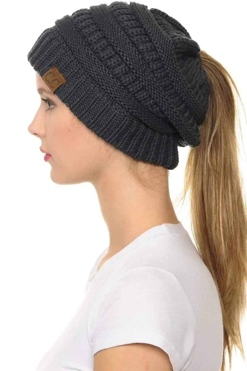 C.C MB20A  - Soft Stretch Cable Knit Warm Hat High Bun Ponytail Beanie