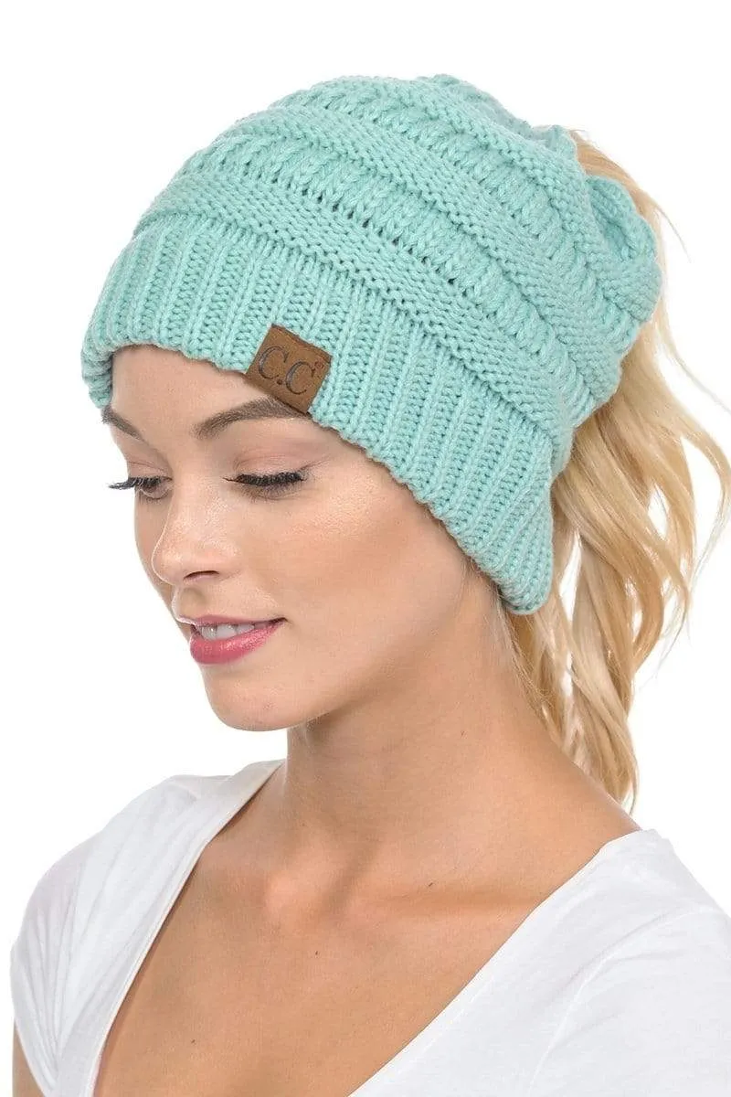 C.C MB20A  - Soft Stretch Cable Knit Warm Hat High Bun Ponytail Beanie