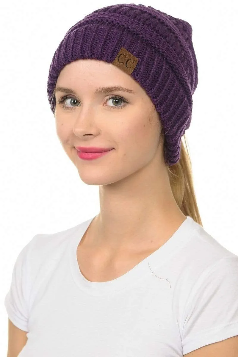 C.C MB20A  - Soft Stretch Cable Knit Warm Hat High Bun Ponytail Beanie