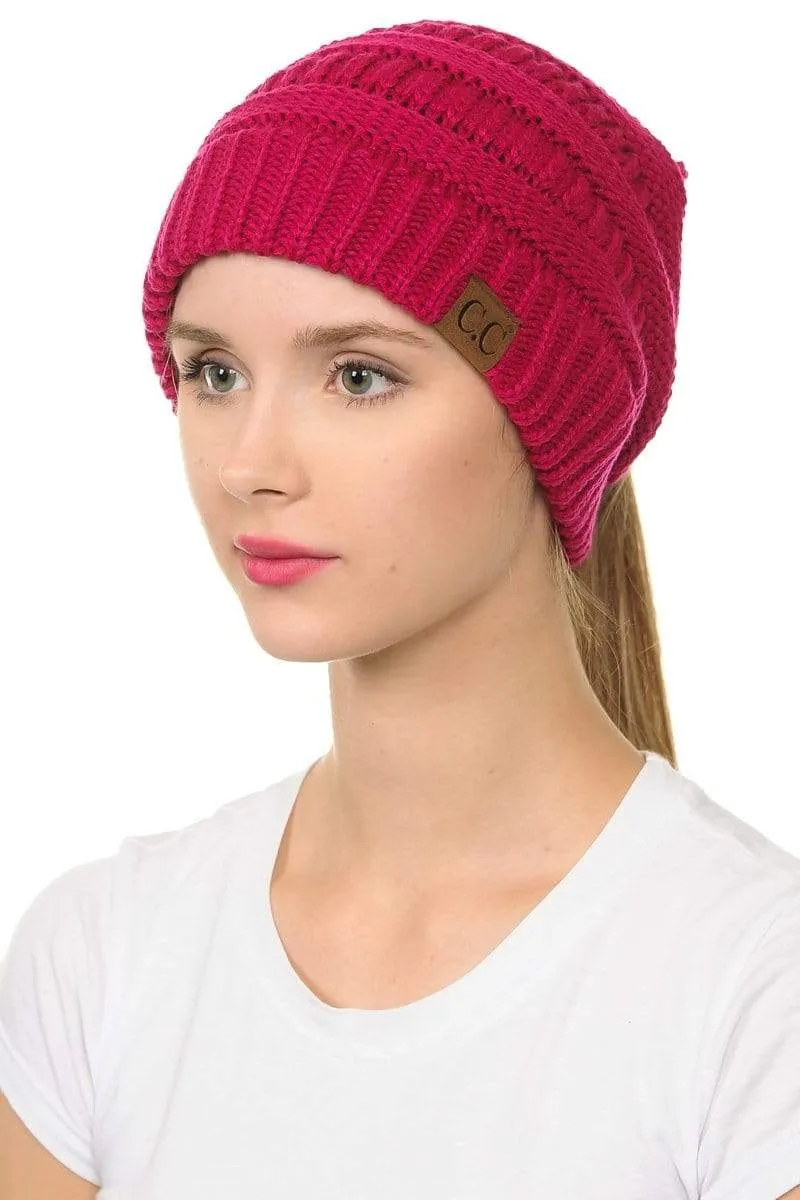 C.C MB20A  - Soft Stretch Cable Knit Warm Hat High Bun Ponytail Beanie