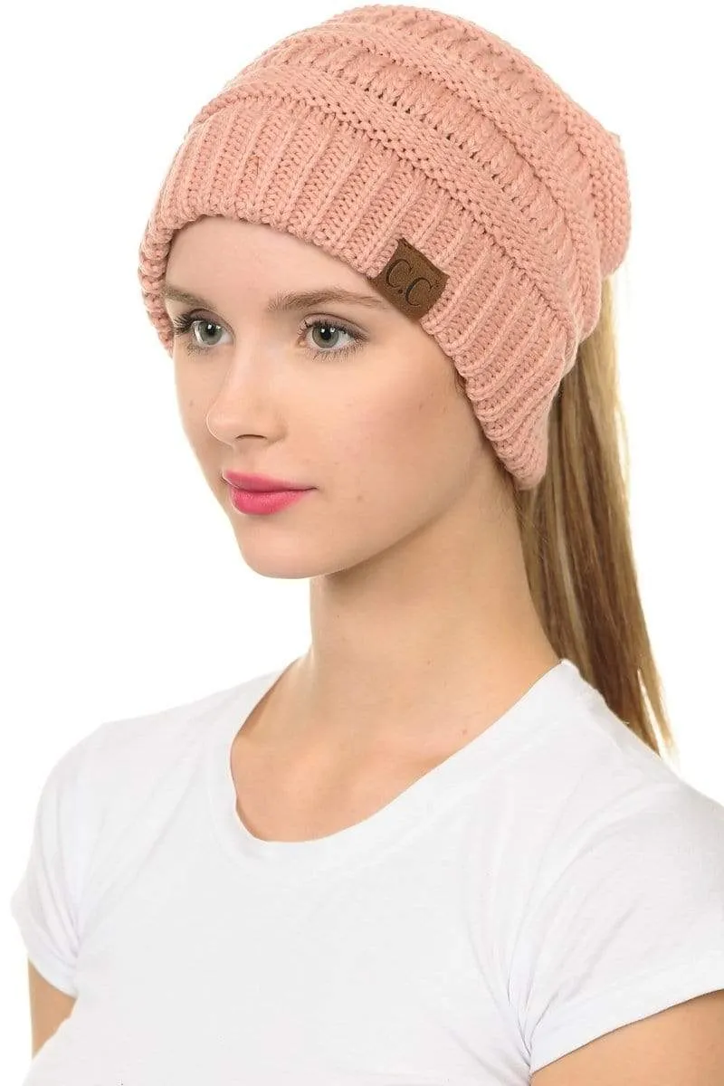 C.C MB20A  - Soft Stretch Cable Knit Warm Hat High Bun Ponytail Beanie