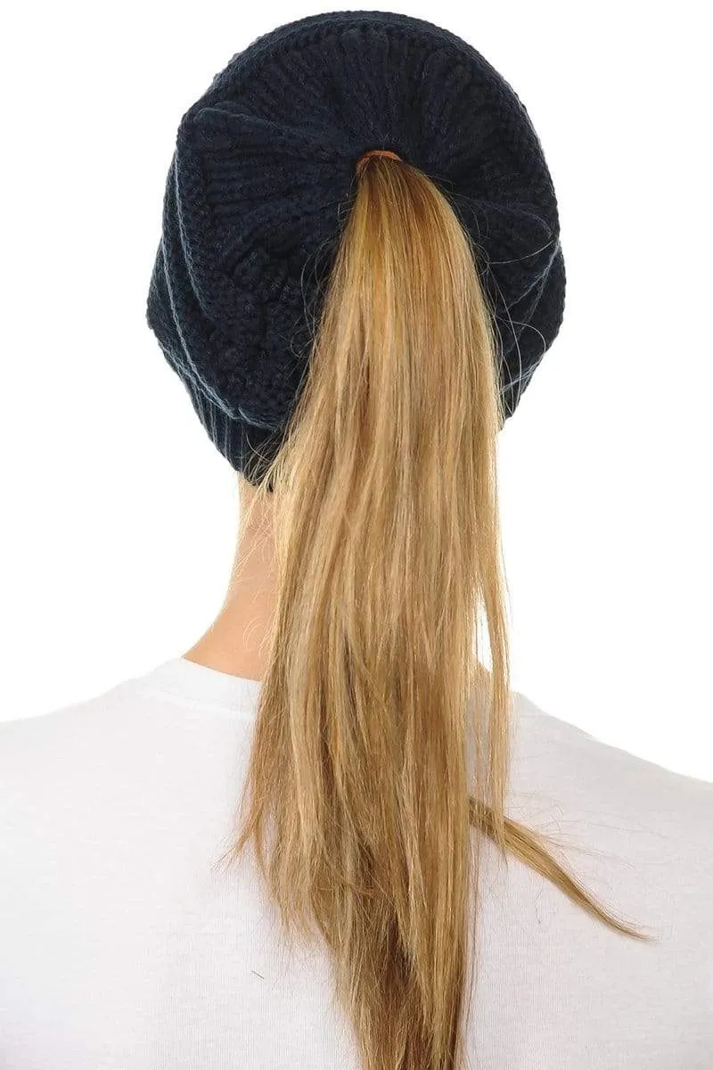 C.C MB20A  - Soft Stretch Cable Knit Warm Hat High Bun Ponytail Beanie