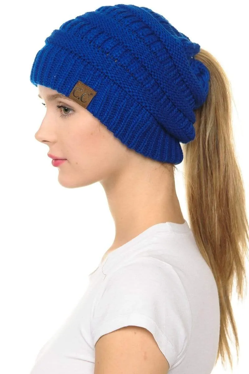 C.C MB20A  - Soft Stretch Cable Knit Warm Hat High Bun Ponytail Beanie