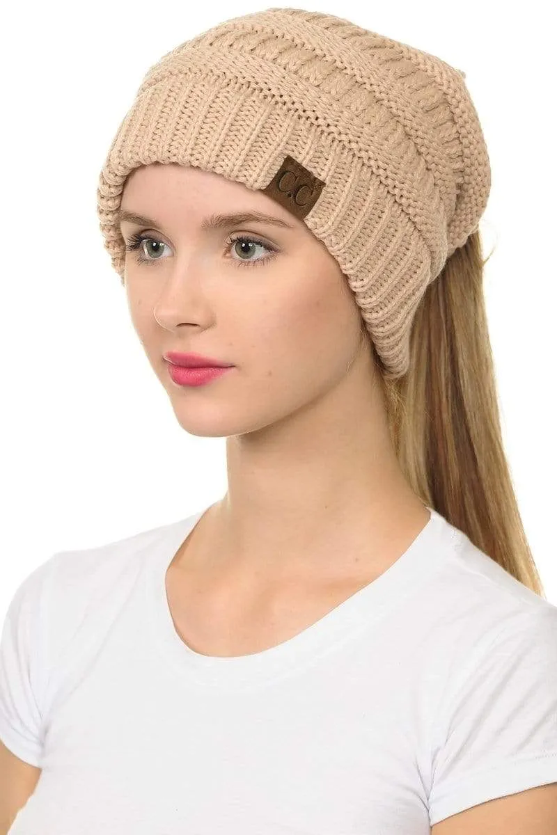 C.C MB20A  - Soft Stretch Cable Knit Warm Hat High Bun Ponytail Beanie