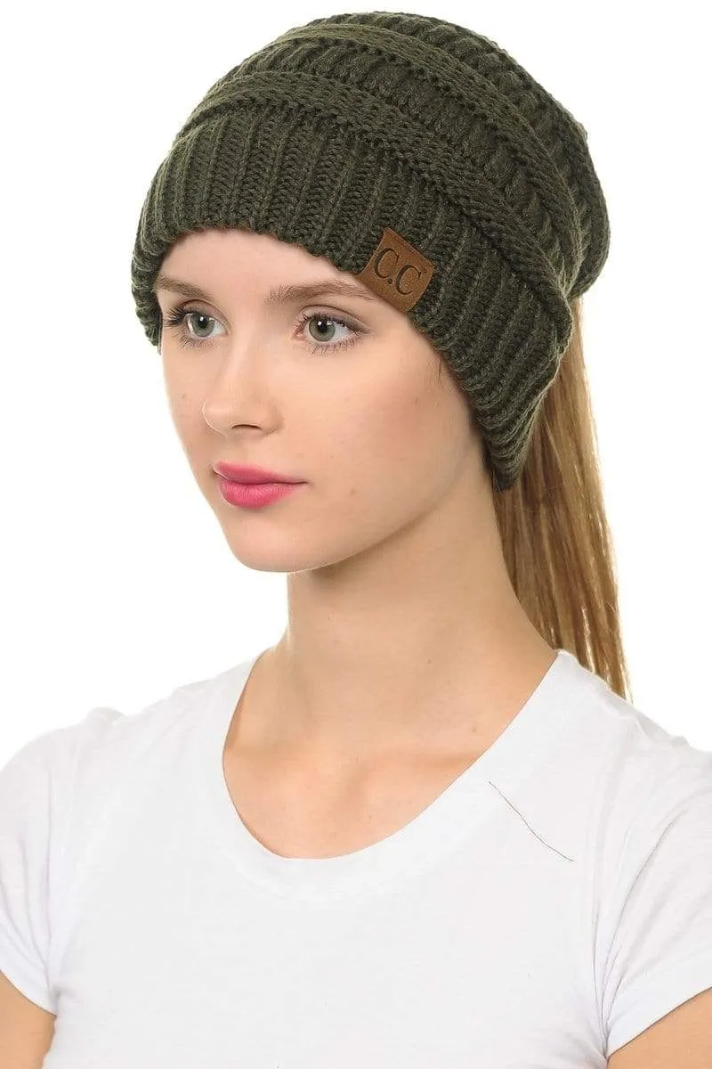 C.C MB20A  - Soft Stretch Cable Knit Warm Hat High Bun Ponytail Beanie