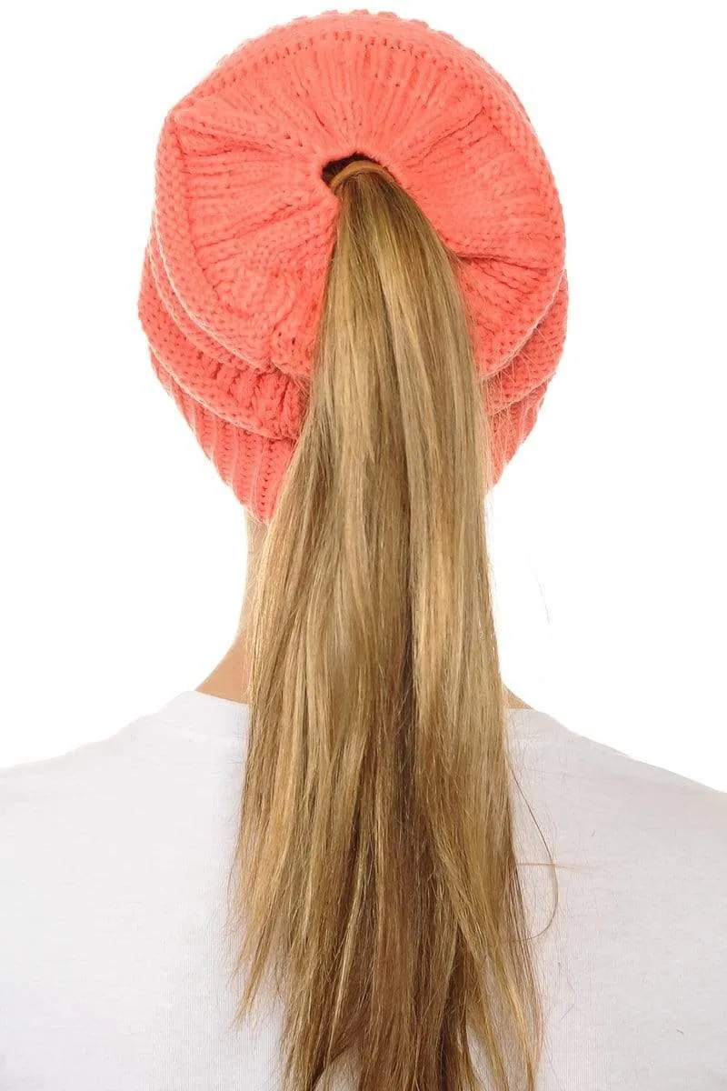 C.C MB20A  - Soft Stretch Cable Knit Warm Hat High Bun Ponytail Beanie