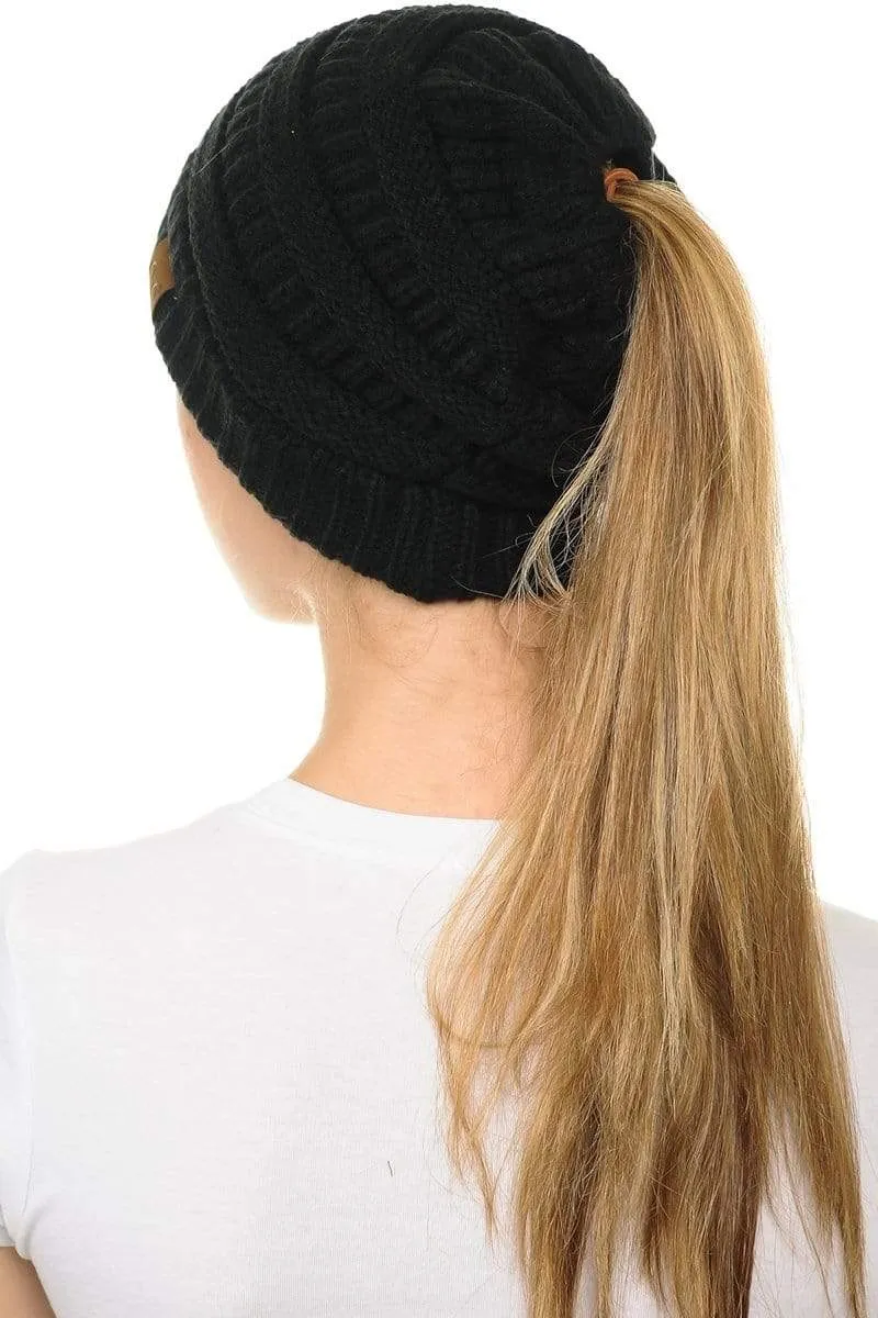 C.C MB20A  - Soft Stretch Cable Knit Warm Hat High Bun Ponytail Beanie