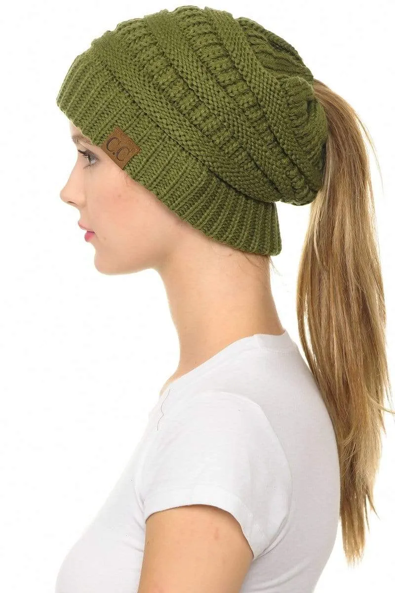 C.C MB20A  - Soft Stretch Cable Knit Warm Hat High Bun Ponytail Beanie