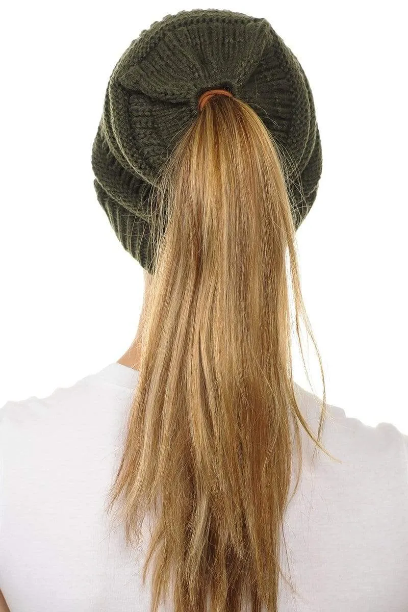 C.C MB20A  - Soft Stretch Cable Knit Warm Hat High Bun Ponytail Beanie