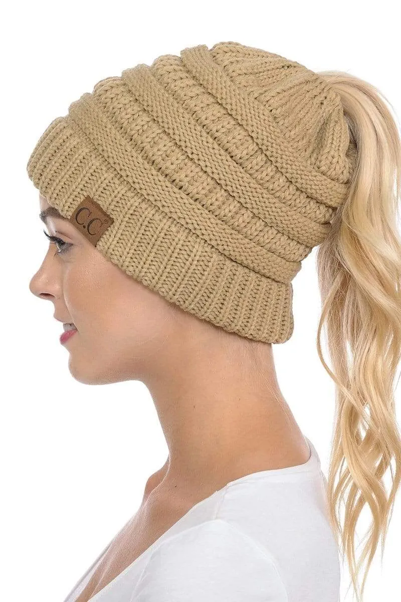 C.C MB20A  - Soft Stretch Cable Knit Warm Hat High Bun Ponytail Beanie