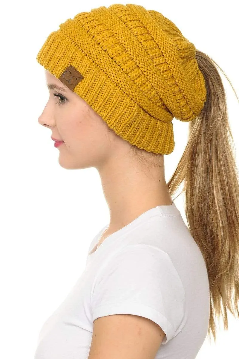 C.C MB20A  - Soft Stretch Cable Knit Warm Hat High Bun Ponytail Beanie