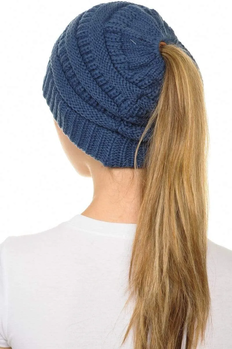 C.C MB20A  - Soft Stretch Cable Knit Warm Hat High Bun Ponytail Beanie