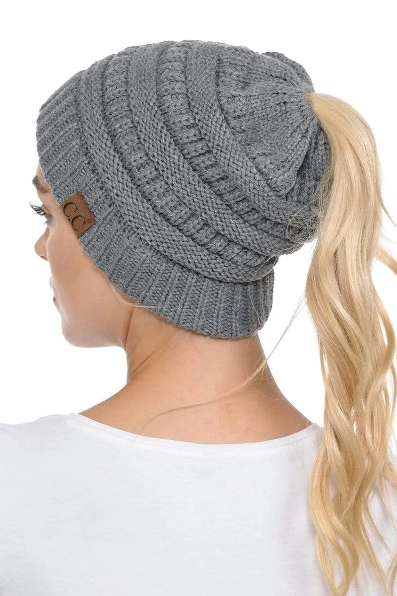 C.C MB20A  - Soft Stretch Cable Knit Warm Hat High Bun Ponytail Beanie