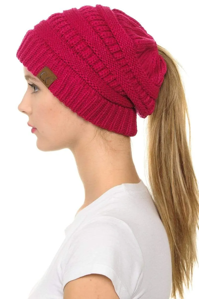 C.C MB20A  - Soft Stretch Cable Knit Warm Hat High Bun Ponytail Beanie