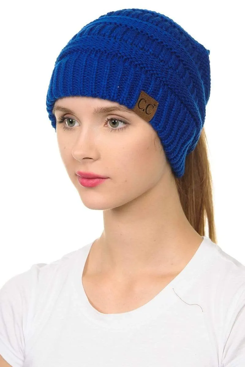 C.C MB20A  - Soft Stretch Cable Knit Warm Hat High Bun Ponytail Beanie