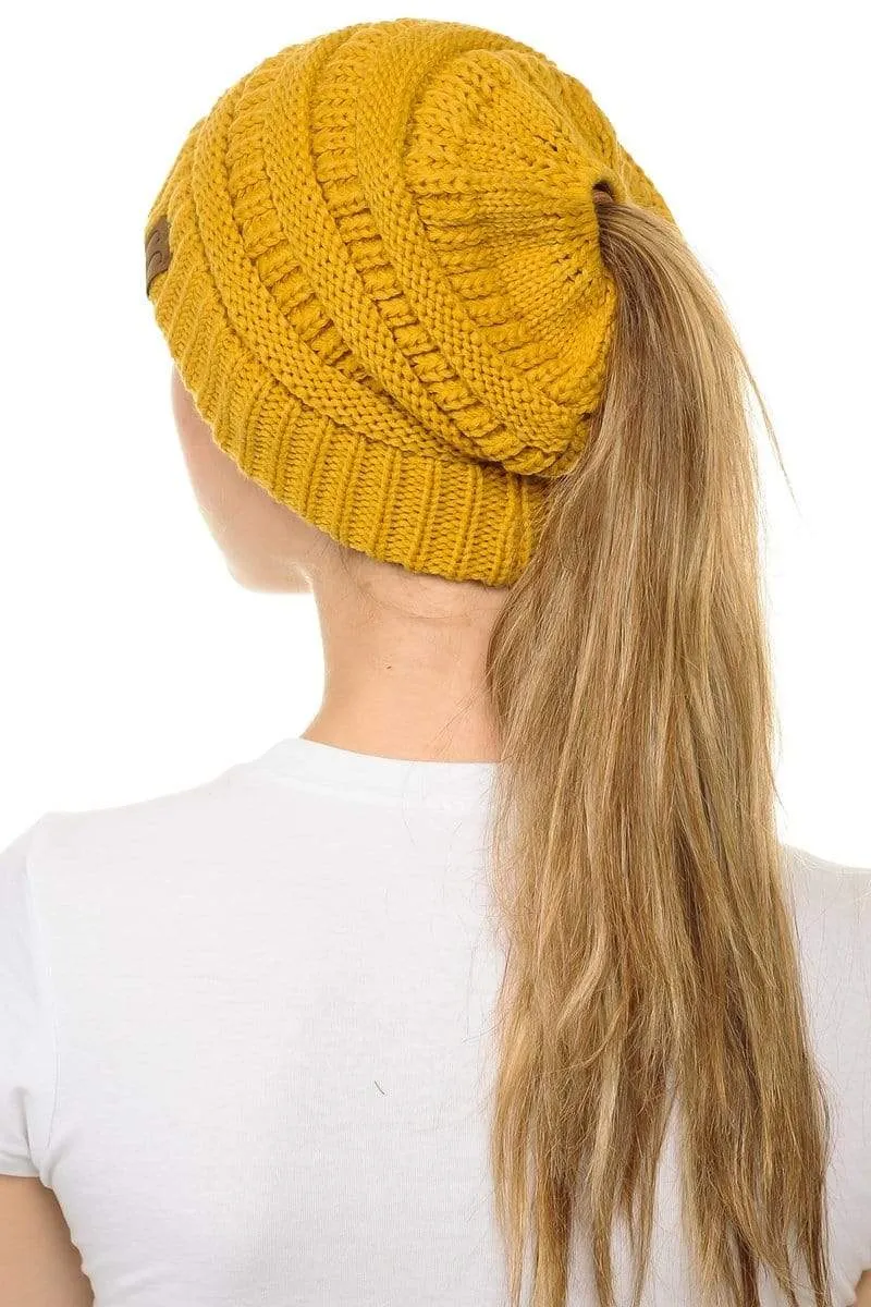 C.C MB20A  - Soft Stretch Cable Knit Warm Hat High Bun Ponytail Beanie