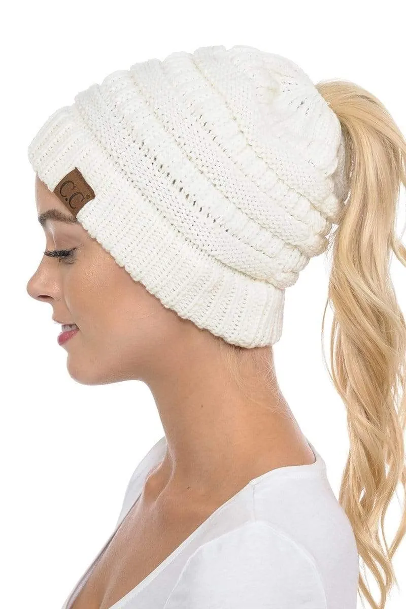 C.C MB20A  - Soft Stretch Cable Knit Warm Hat High Bun Ponytail Beanie