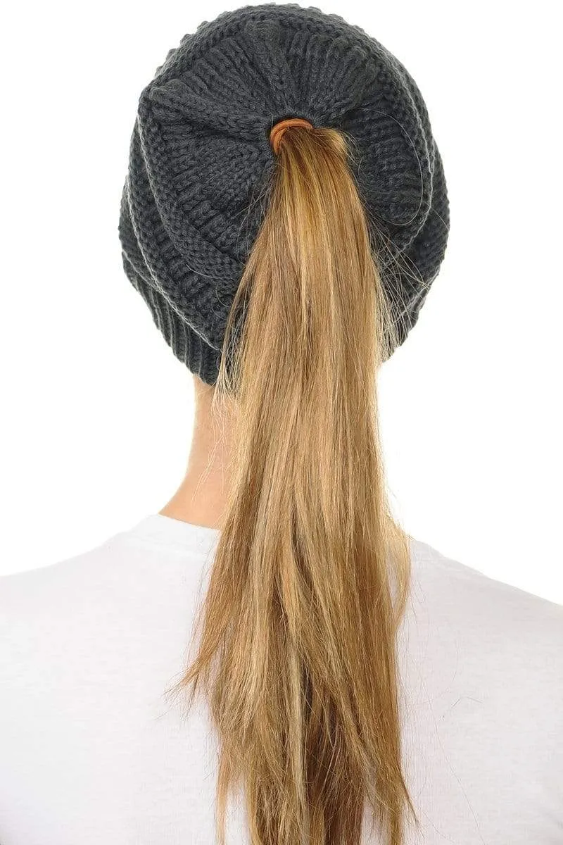 C.C MB20A  - Soft Stretch Cable Knit Warm Hat High Bun Ponytail Beanie