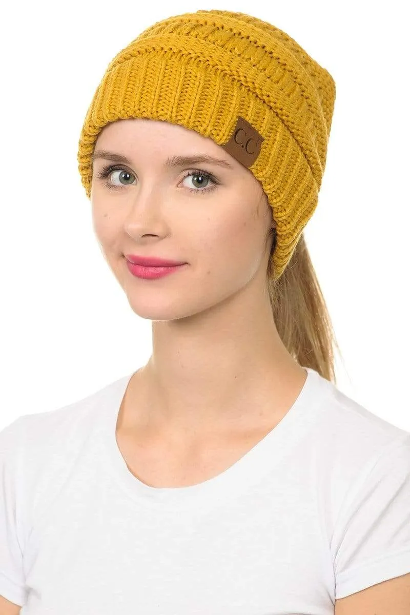 C.C MB20A  - Soft Stretch Cable Knit Warm Hat High Bun Ponytail Beanie