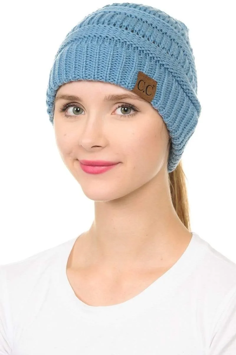 C.C MB20A  - Soft Stretch Cable Knit Warm Hat High Bun Ponytail Beanie