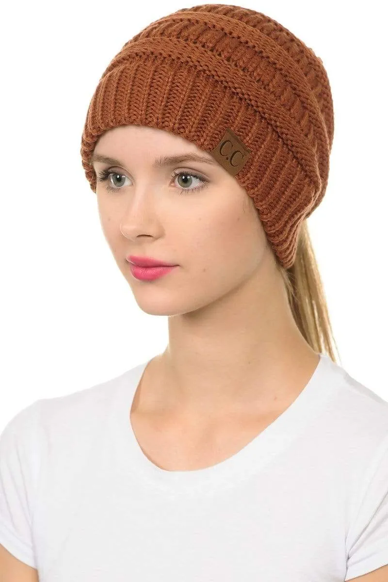 C.C MB20A  - Soft Stretch Cable Knit Warm Hat High Bun Ponytail Beanie