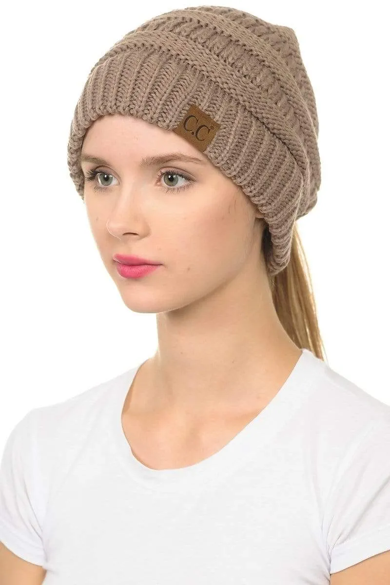 C.C MB20A  - Soft Stretch Cable Knit Warm Hat High Bun Ponytail Beanie