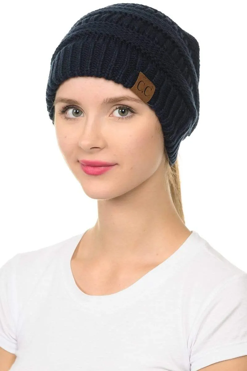 C.C MB20A  - Soft Stretch Cable Knit Warm Hat High Bun Ponytail Beanie