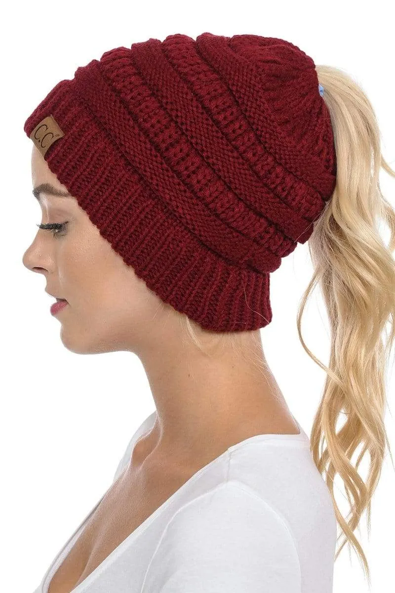 C.C MB20A  - Soft Stretch Cable Knit Warm Hat High Bun Ponytail Beanie