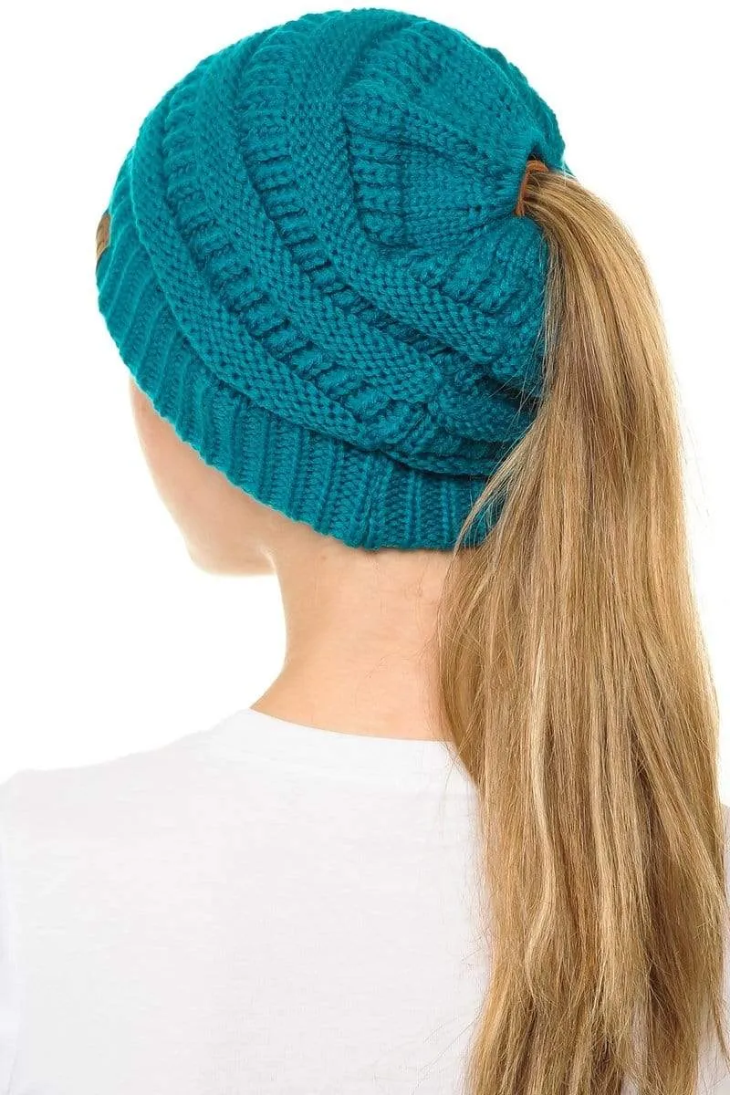 C.C MB20A  - Soft Stretch Cable Knit Warm Hat High Bun Ponytail Beanie