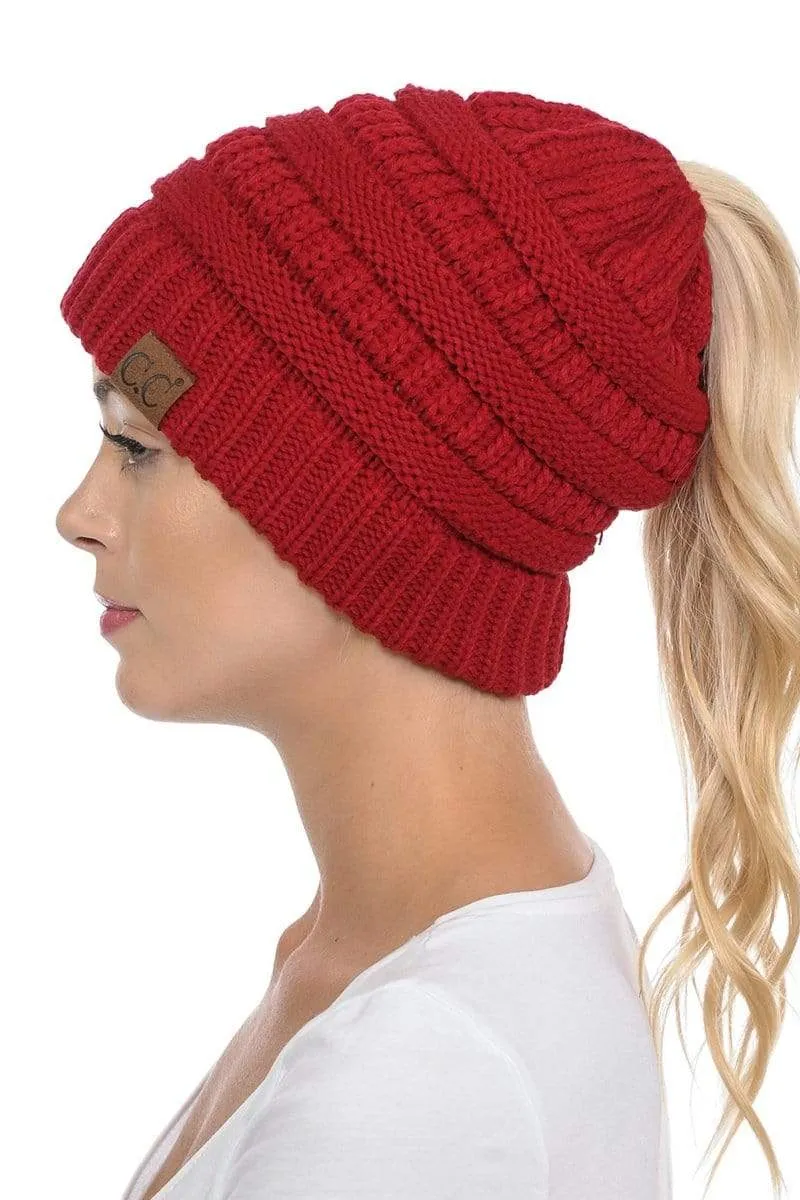 C.C MB20A  - Soft Stretch Cable Knit Warm Hat High Bun Ponytail Beanie