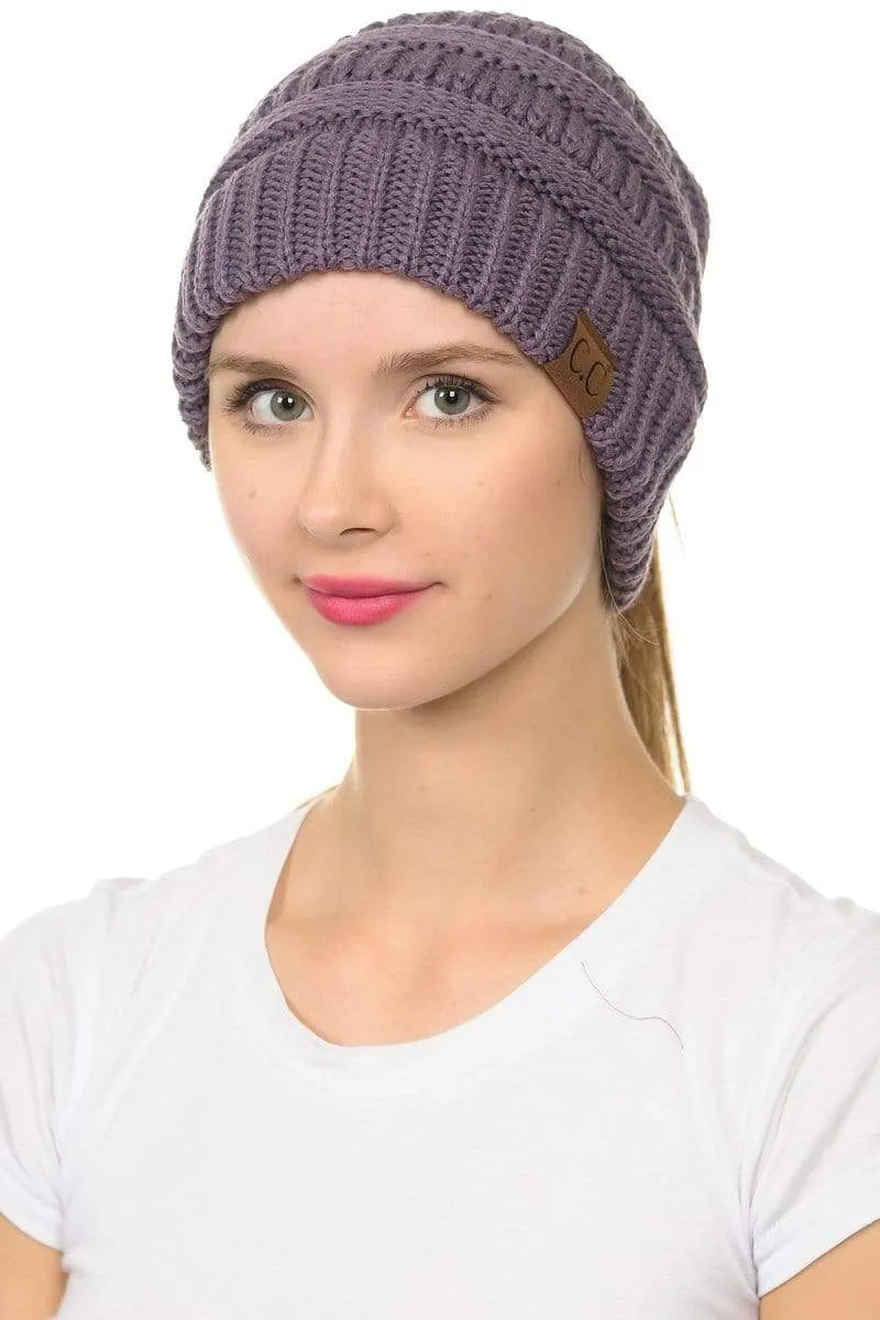 C.C MB20A  - Soft Stretch Cable Knit Warm Hat High Bun Ponytail Beanie